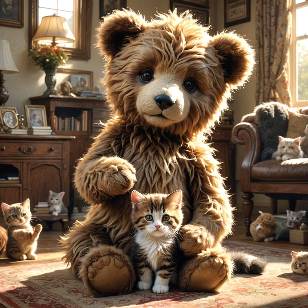 Teddy Bear with Kitten: Hyperrealistic Art