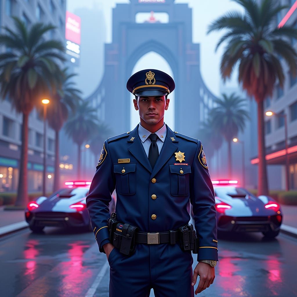 Police Officer in GTA Style Futuristic Cityscape