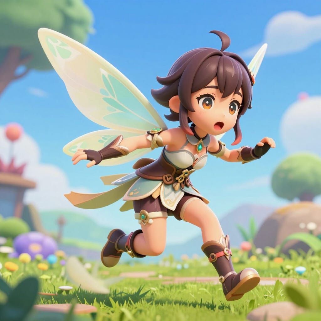 Clumsy Fairy Falls in Humorous Fantasy Scene, 3D Anime Style