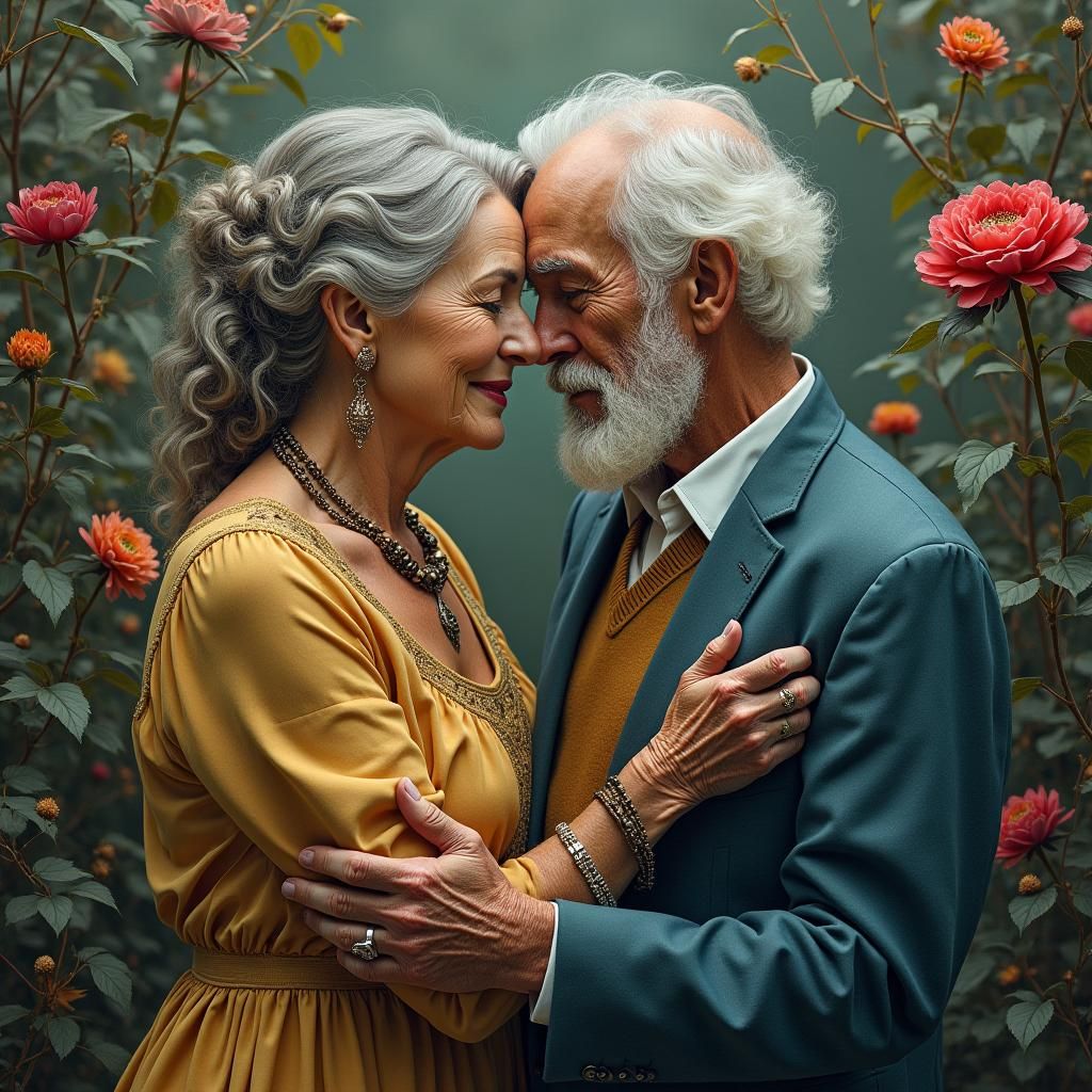 Loving Elderly Couple in Dreamy Garden Setting