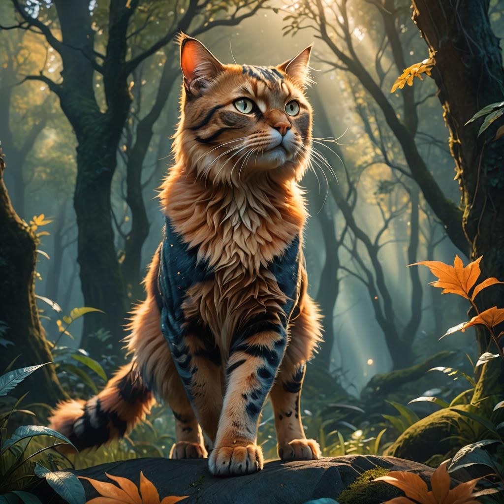 Mystical Forest: Buff Cat Walking on Two Legs