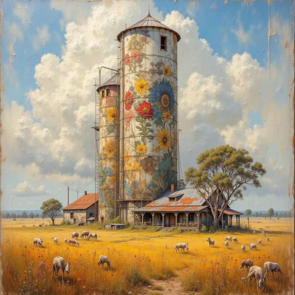 Australian Wheat Silo with Detailed Farm Art - Realistic Oil...