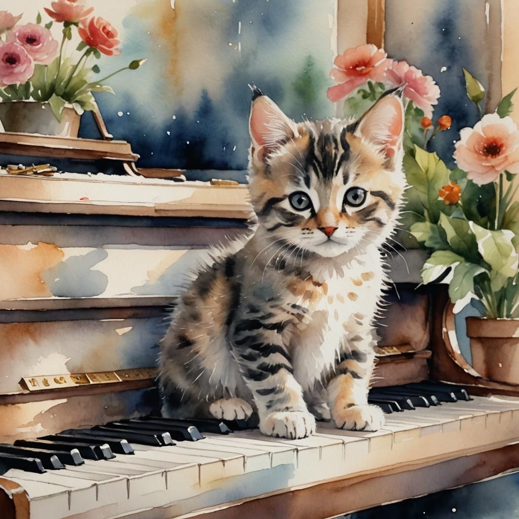 Kitten Plays Piano in Whimsical Watercolor