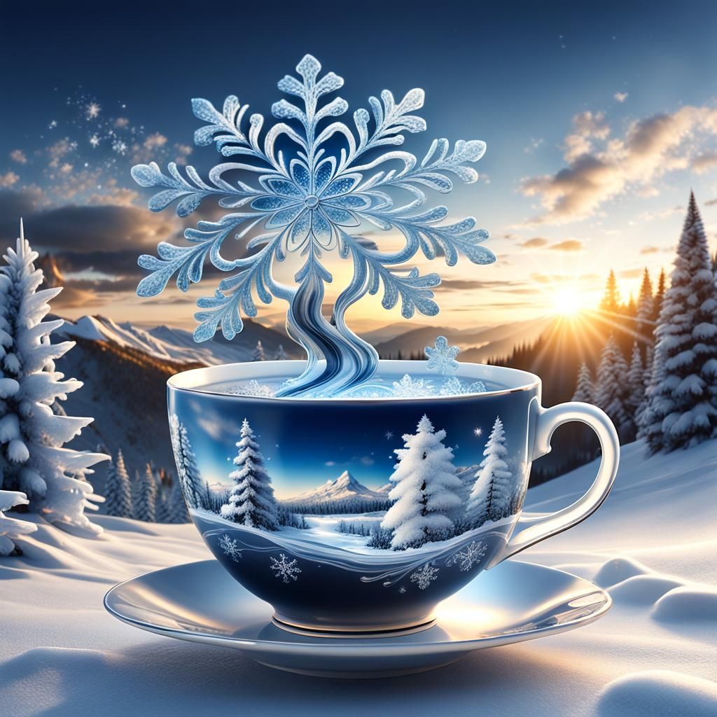 Glowing Snow Cloud Tea Cup in Winter Wonderland