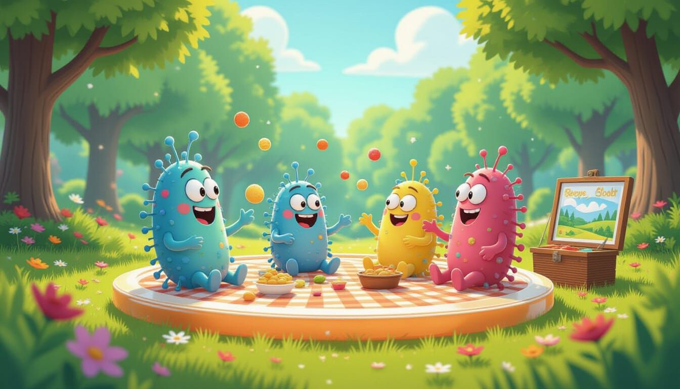 Cheerful Anthropomorphic Bacteria Picnic on Floating Petri D...