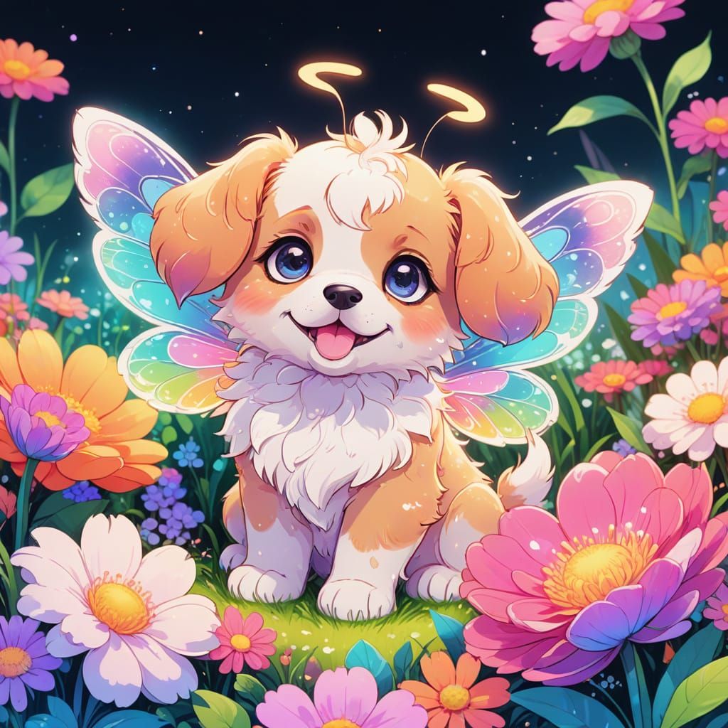 Magical Puppy with Fairy Wings in Flowerbed Anime Art
