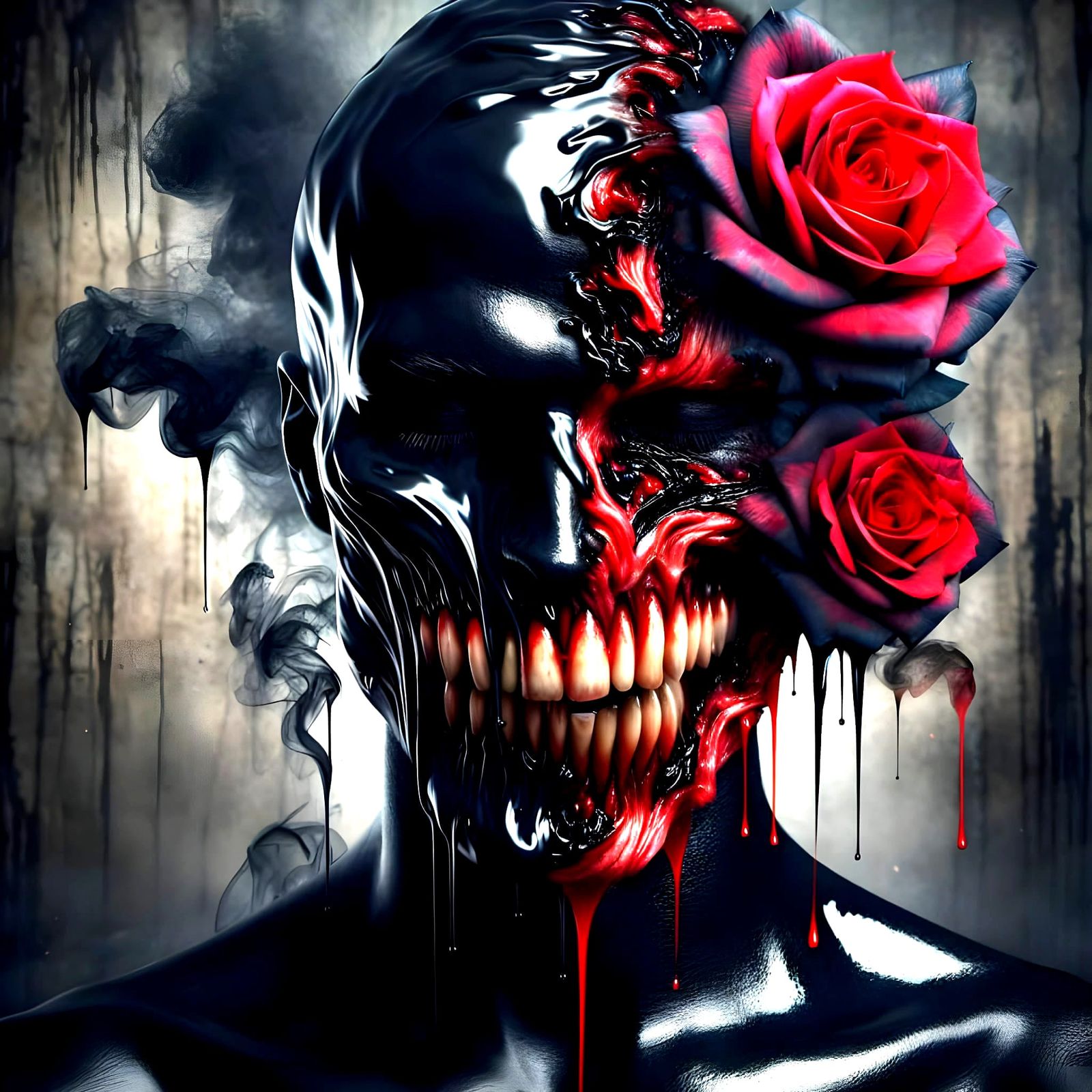 Eerie Surreal Man with Roses and Monstrous Grin