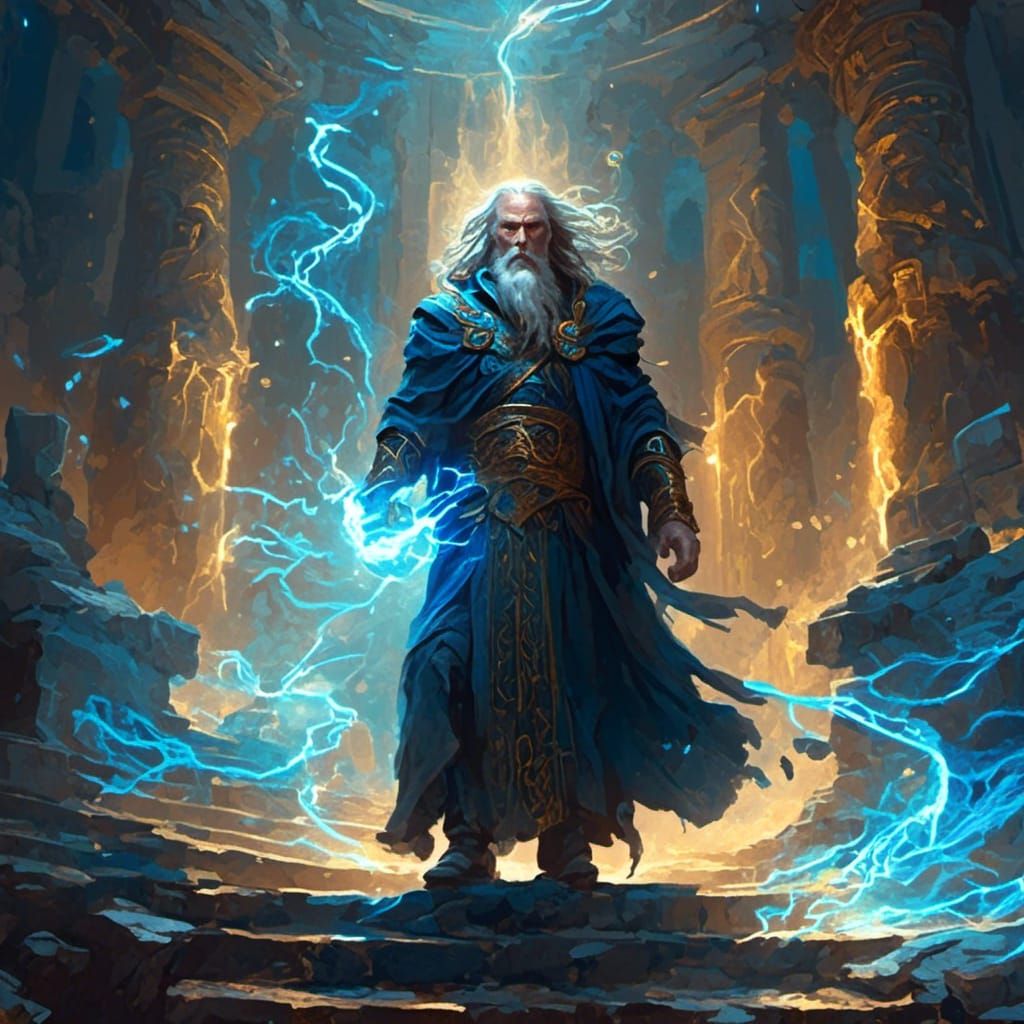Powerful Wizard Amidst Lightning in Fantasy Art