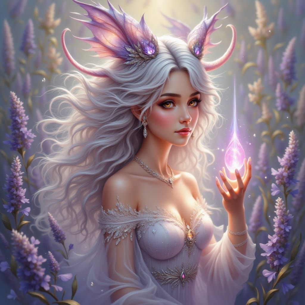 Elegant Dragon Sorceress with Sunstone Horns