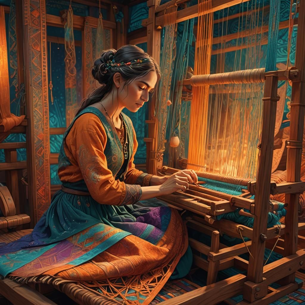 Woman Weaving a Boat Tapestry in Art Nouveau Style