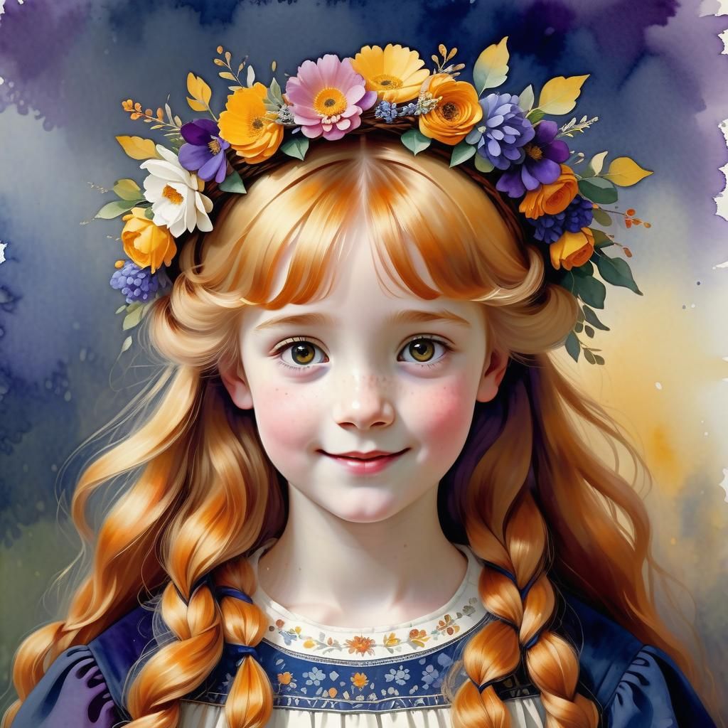 Joyful Goldilocks with Flower Crown, Watercolour Style