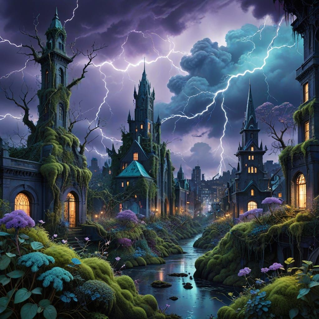 Overgrown Art Deco City in a Fierce Storm