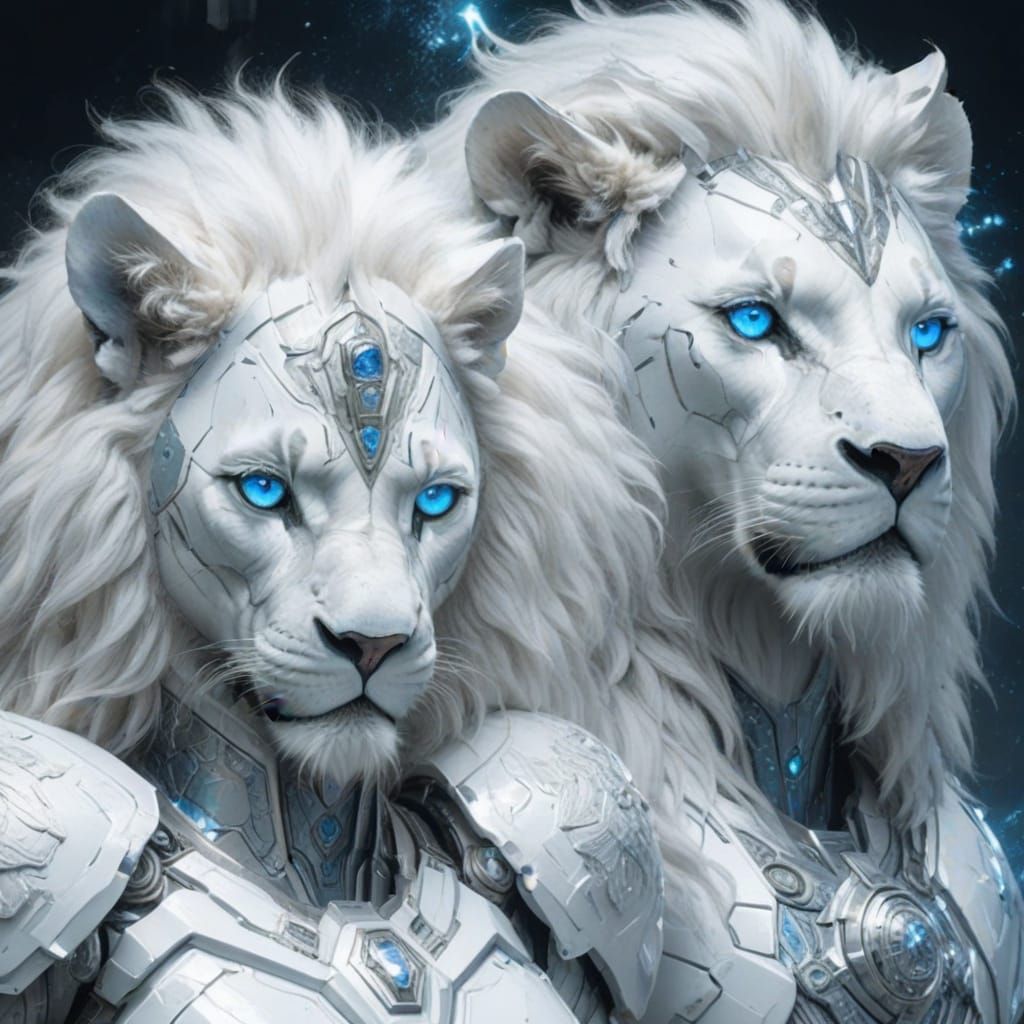 a male and a female blue eyed white lion in white futuristic...