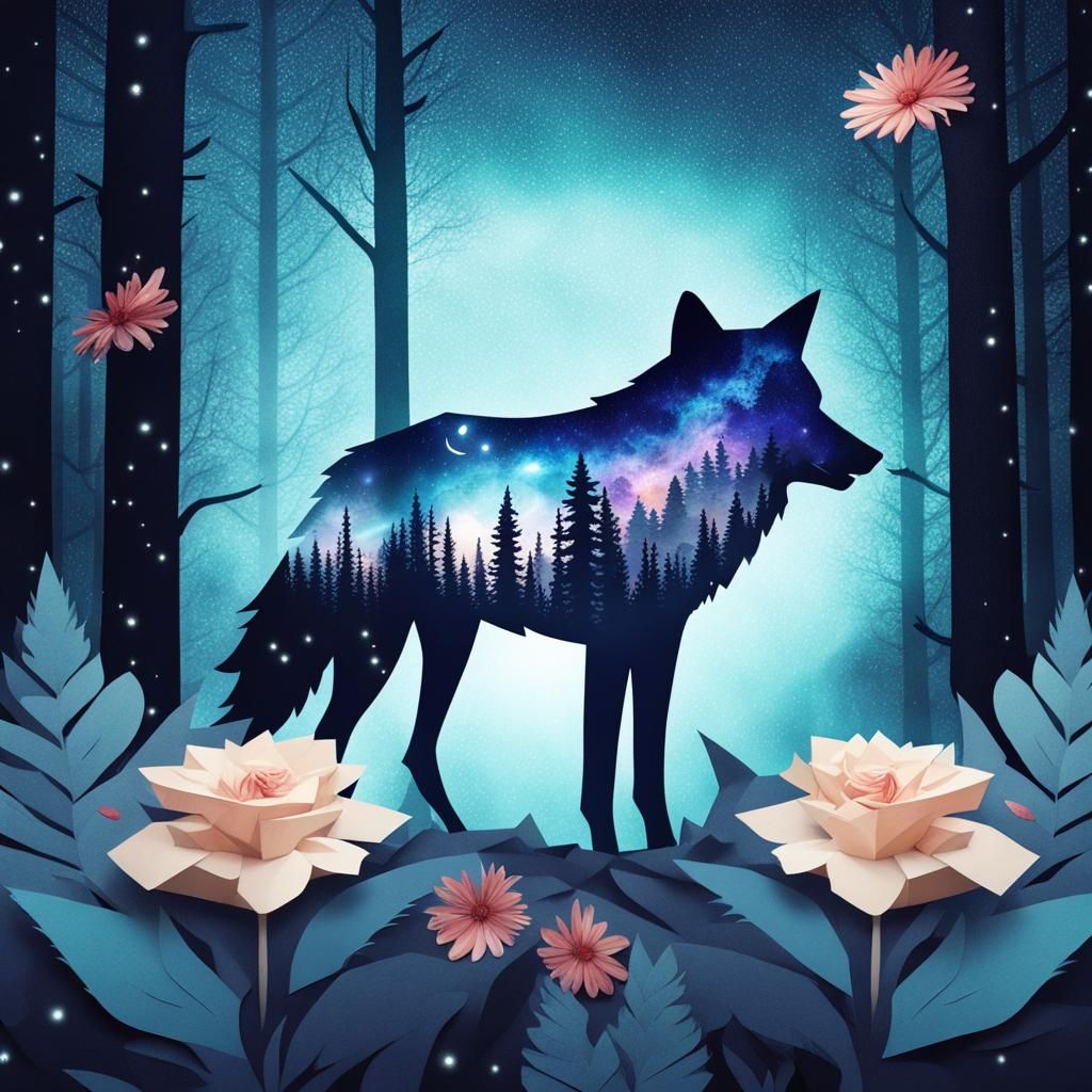 Double Exposure: Flower, Paper Wolf, Galaxy Night