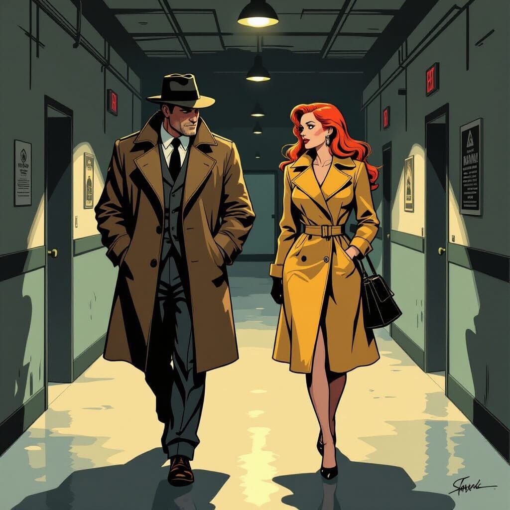 Noir Comic: Woman and Detective in Shadowy Corridor