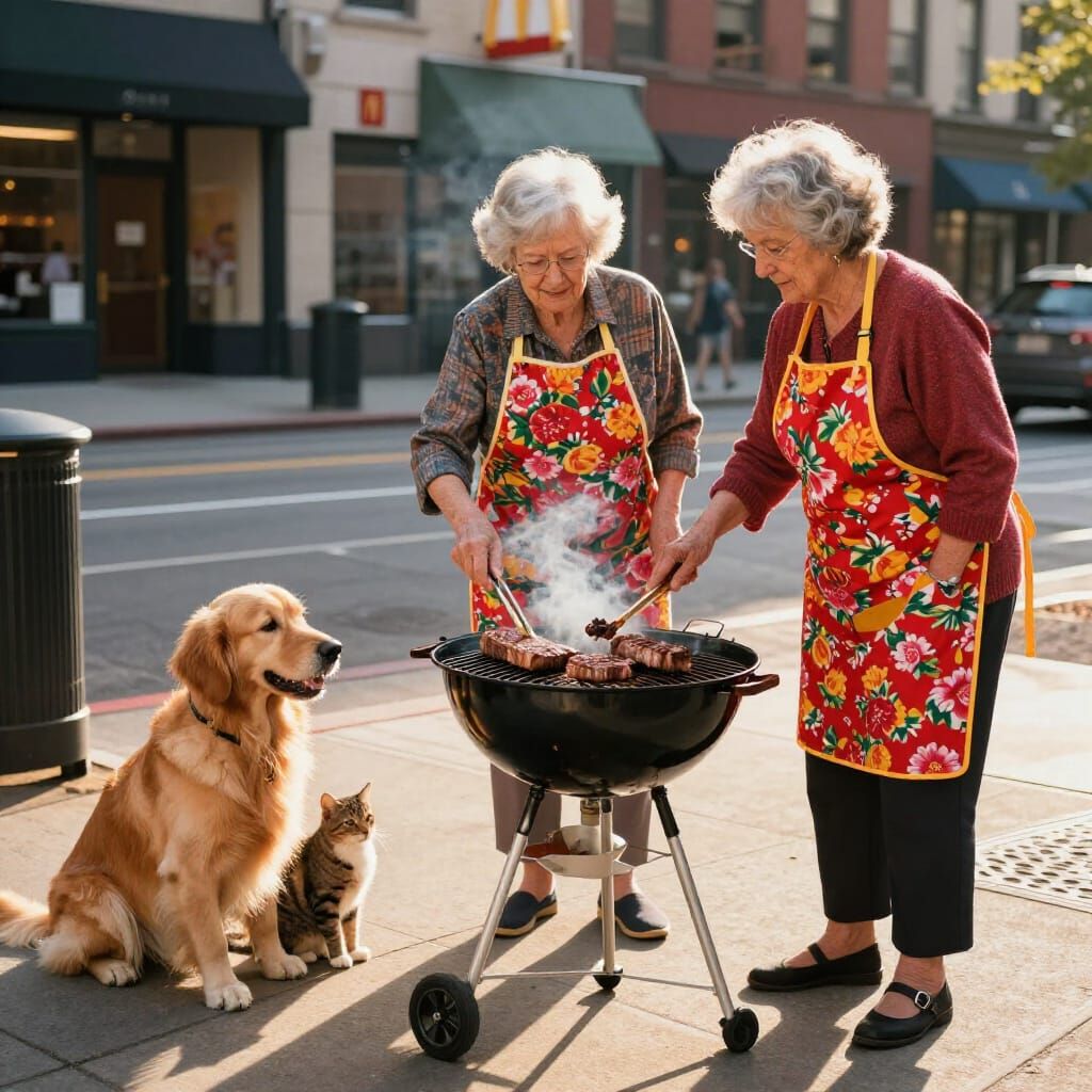 Elderly Women Barbecue Steaks Outside McDonald's with Pets