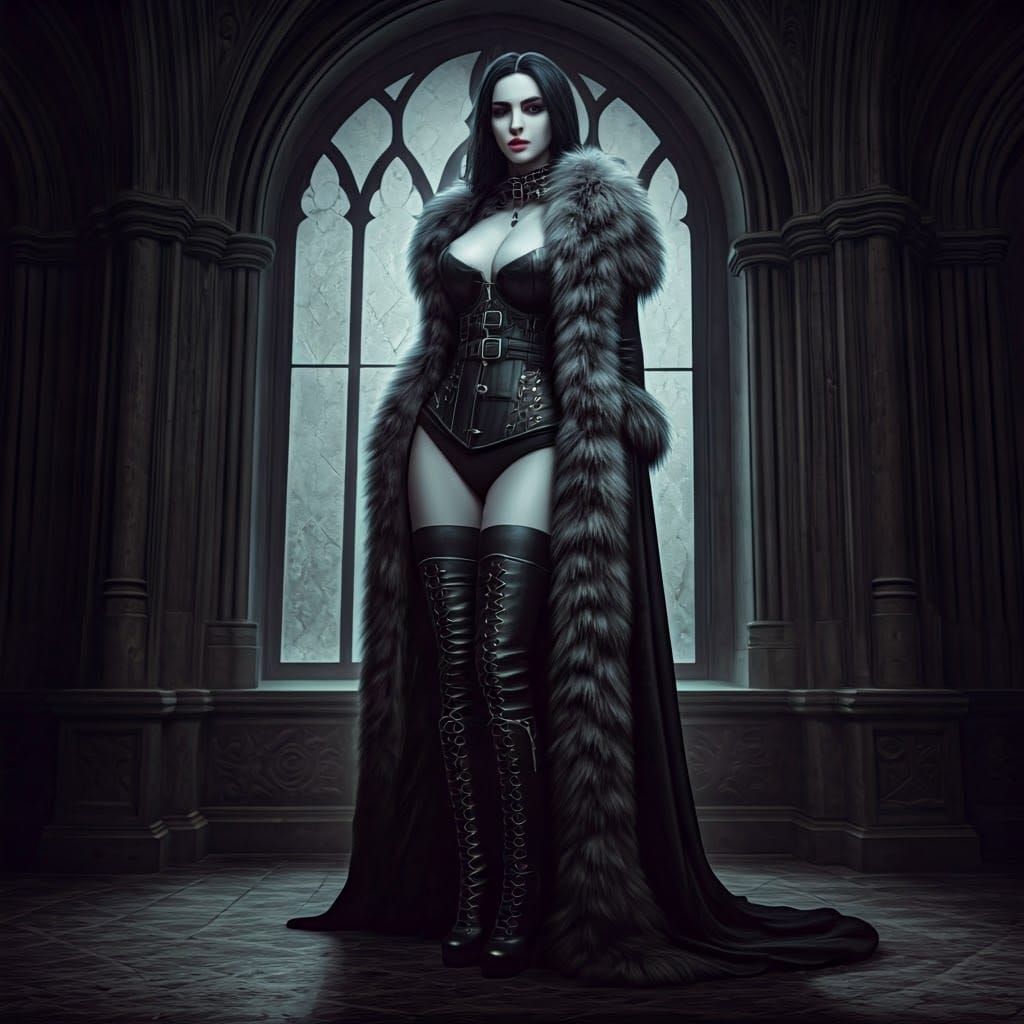 Ethereal Vampire Goddess in Midnight Attire with Full Moon