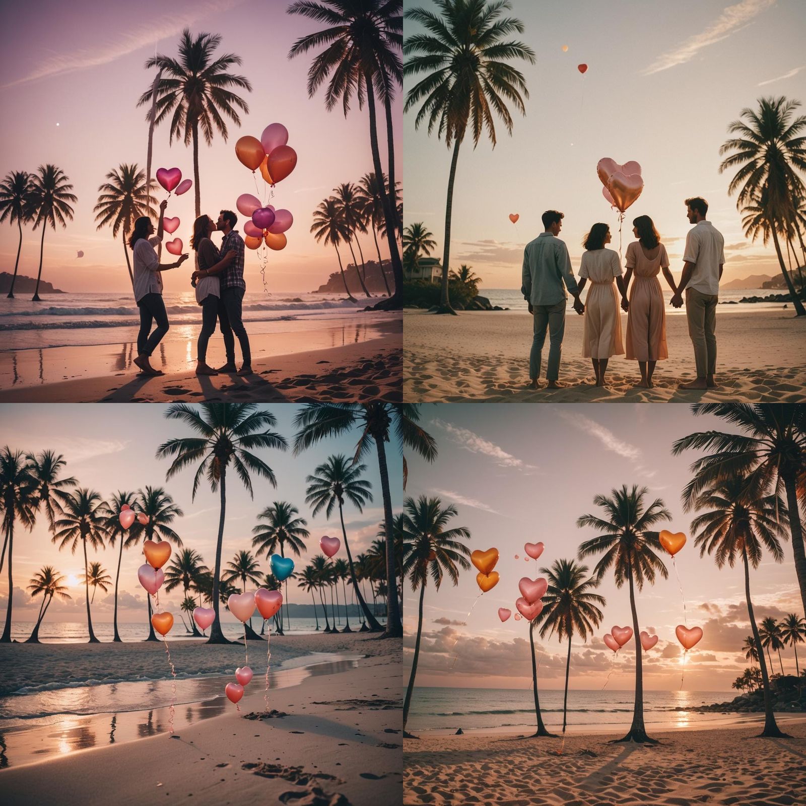 Romantic Beach Sunset with Heart Balloons