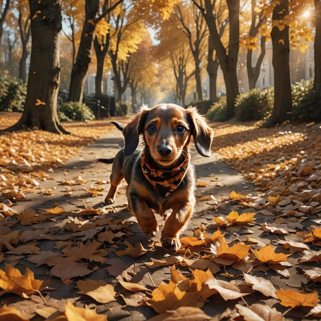 Cute dachshund puppy, wearing a red knitted scarf running through a puddle of autumn leaves.