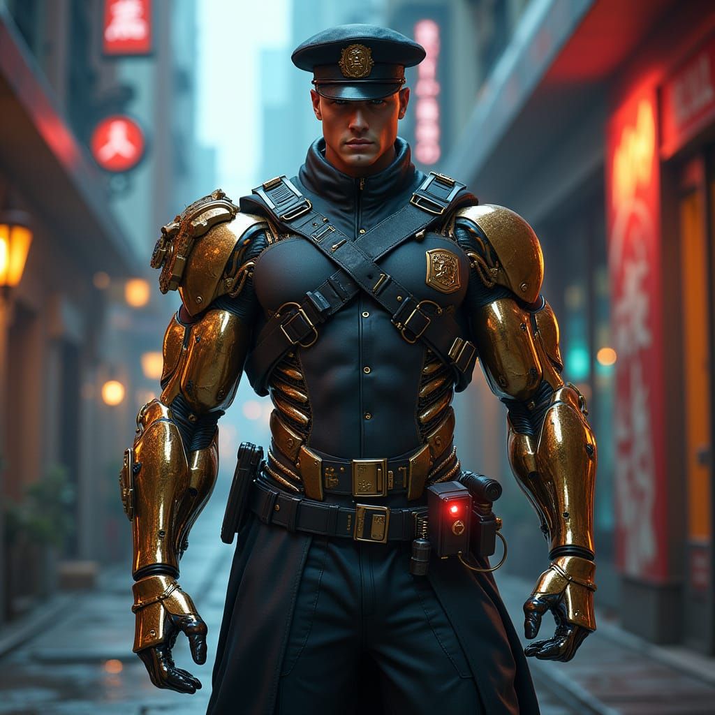 Cyborg Detective Prince Bodybuilder in Neon City