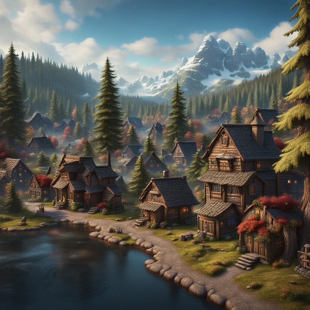 Canadian Village with Pine Trees in Matte Painting Style
