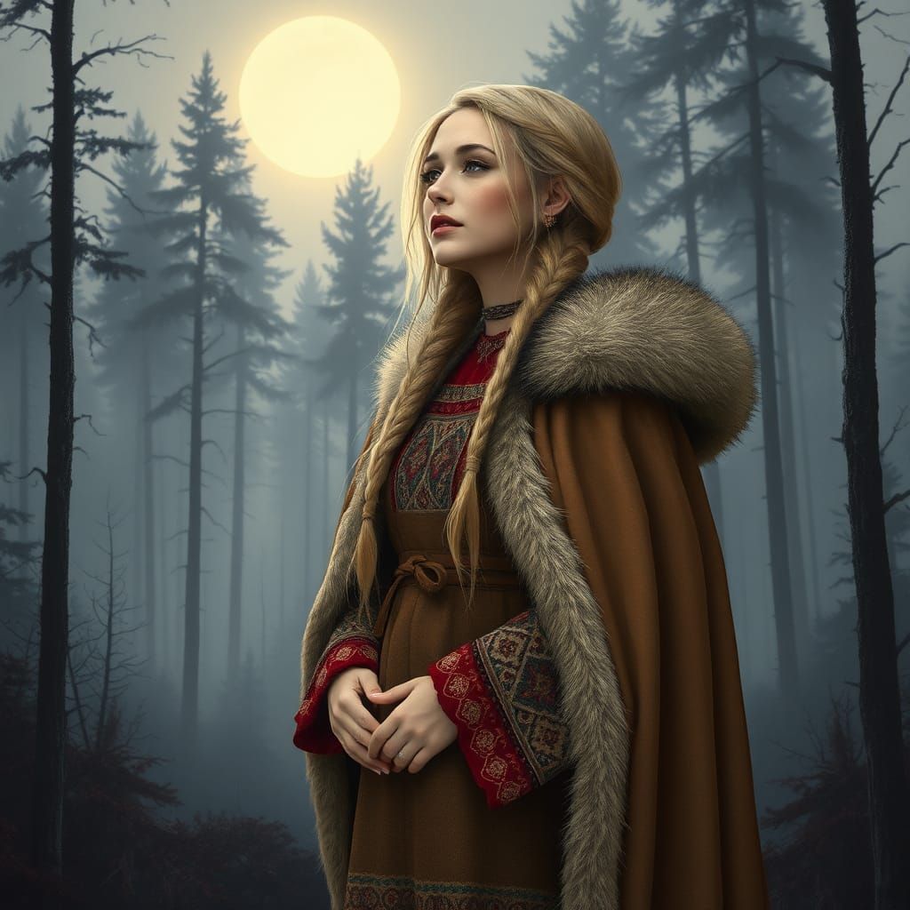 Nordic Woman Singing in Misty Forest, Atmospheric Art