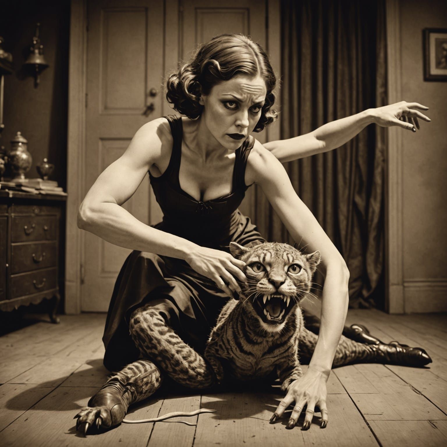 Surreal Contortionist Transformation, Sepia Vintage Photo