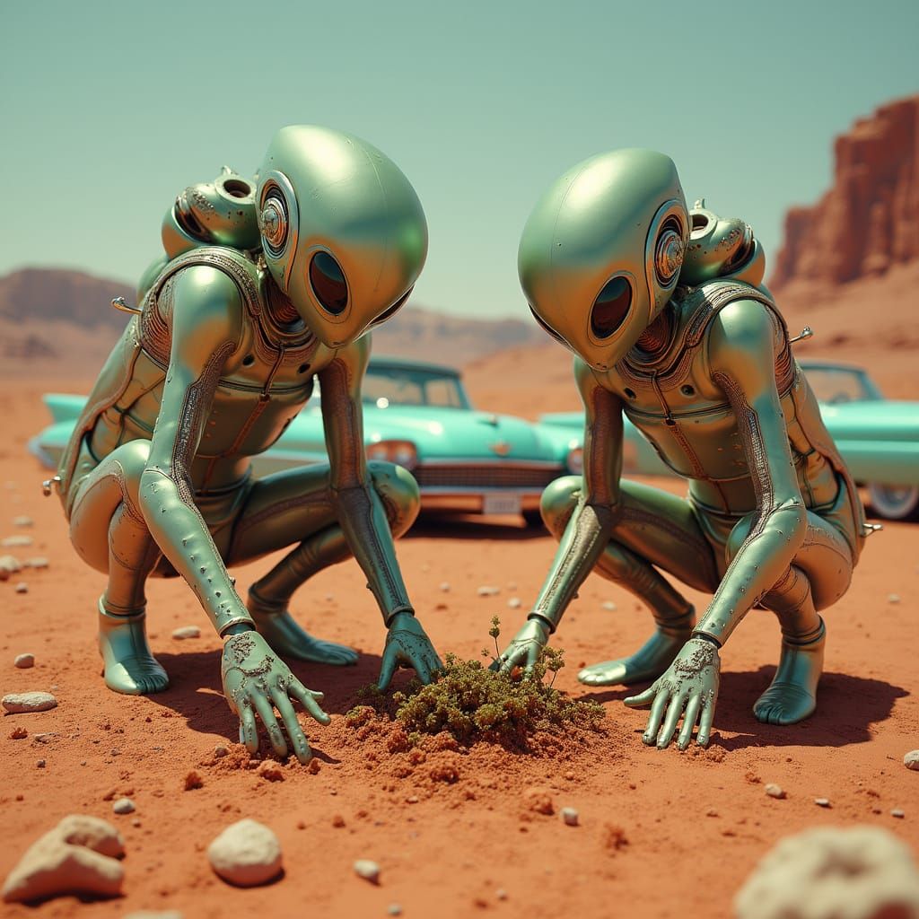 Aliens in Retro-Futuristic Landscape Plant an Ant Farm