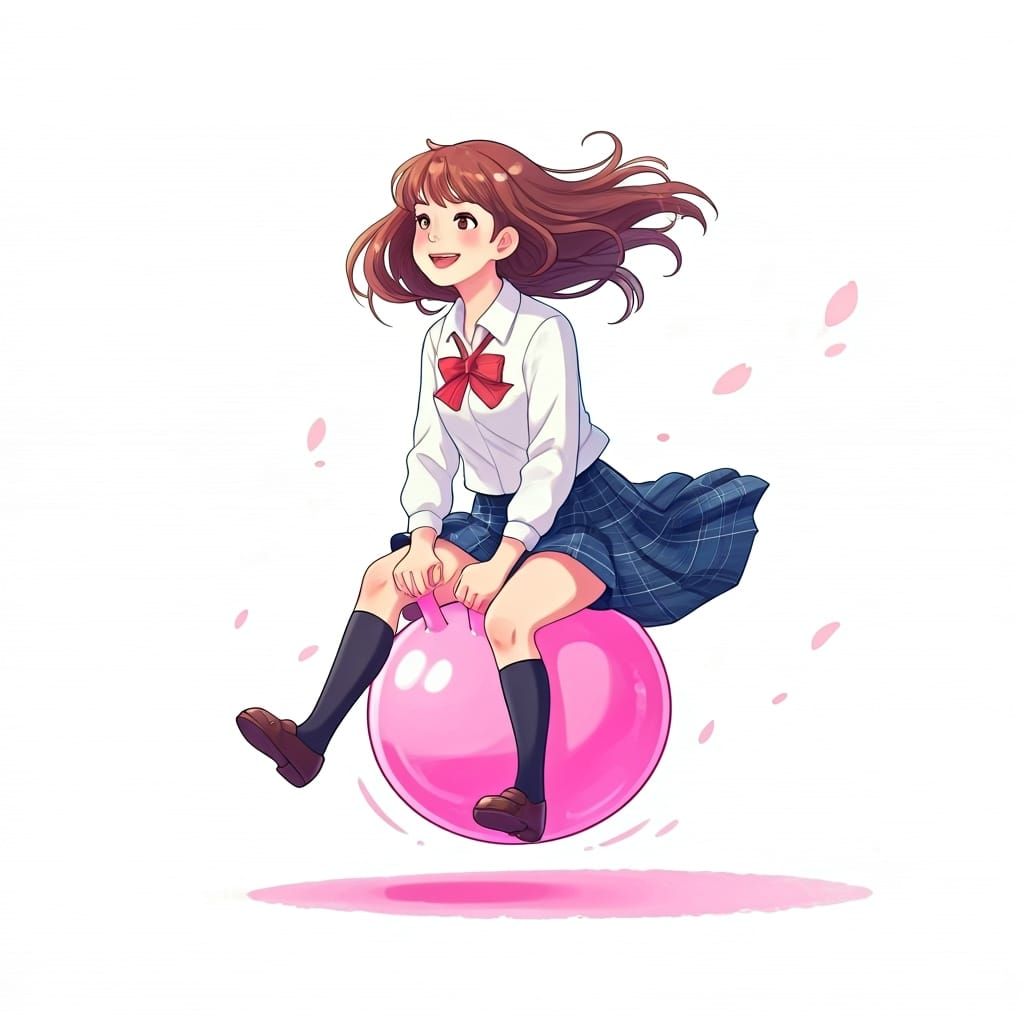 School Girl on Space Hopper in Ghibli Style