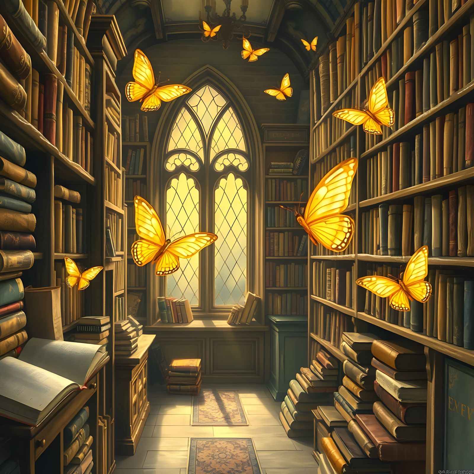 Golden Butterflies in a Whimsical Bookstore