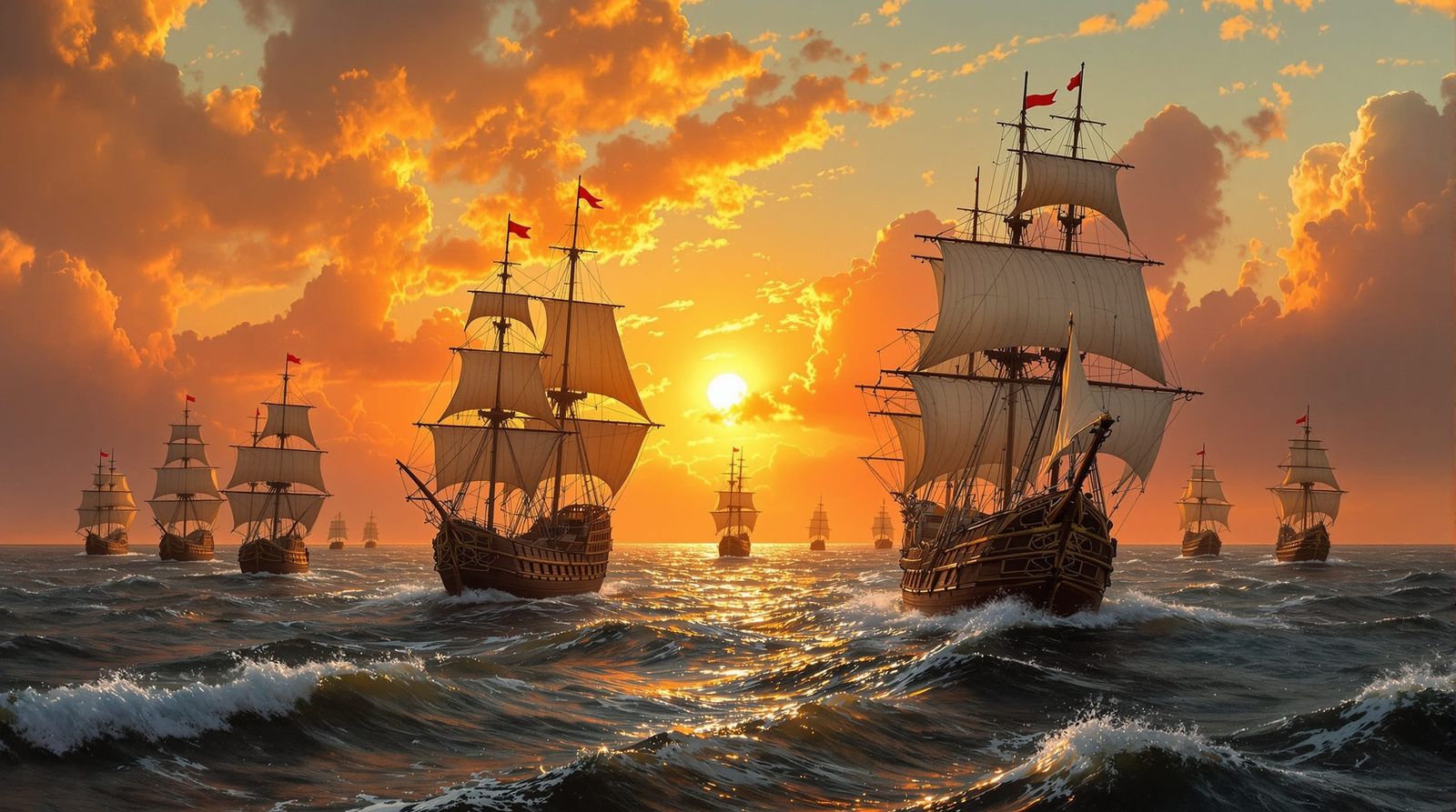 Spanish Galleons at Sunset in Romantic Style