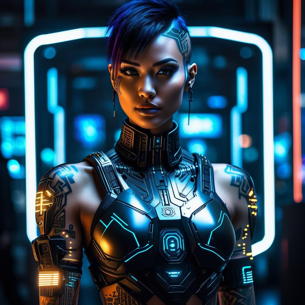 Cyberpunk Girl with Cybernetic Enhancements and Glowing Tatt...