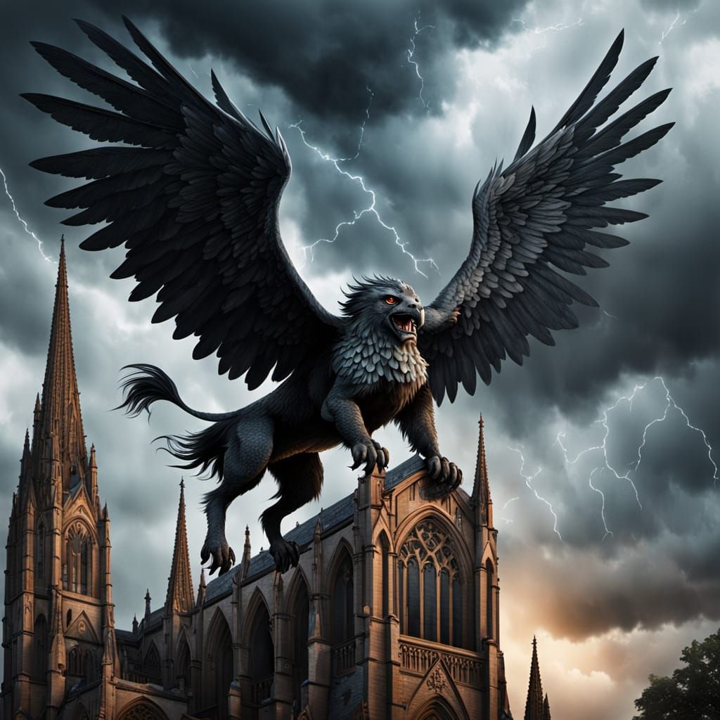 Gothic Griffin Soaring Over Stormy Cathedral