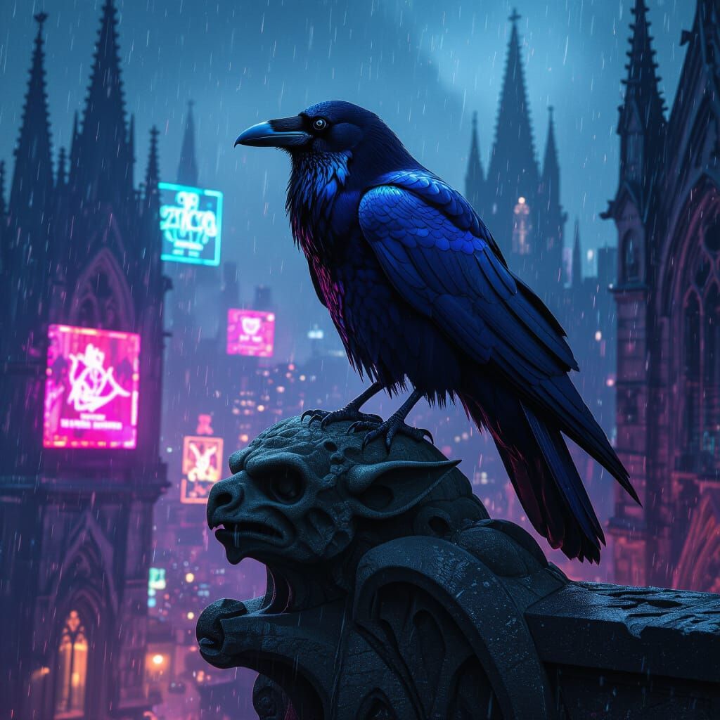 Raven on Gothic Gargoyle Overlooking Neon Cityscape