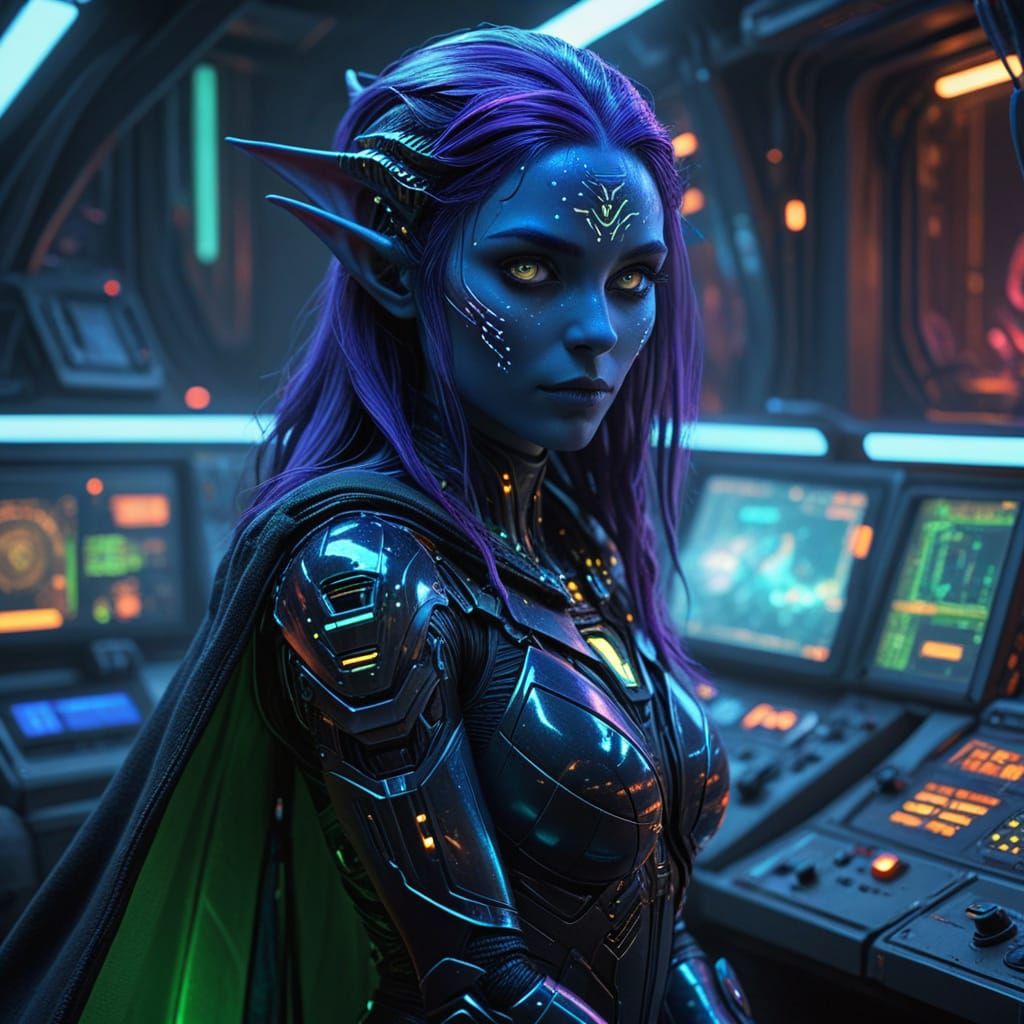 Cybernetic Blue-Skinned Warrior in Futuristic Space Ship