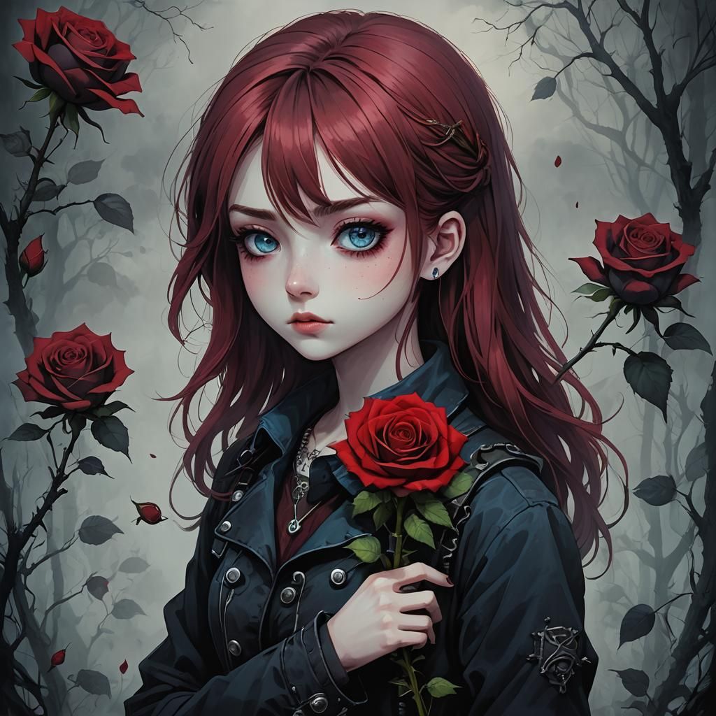 Punk Rock Girl with Rose in Anime Style