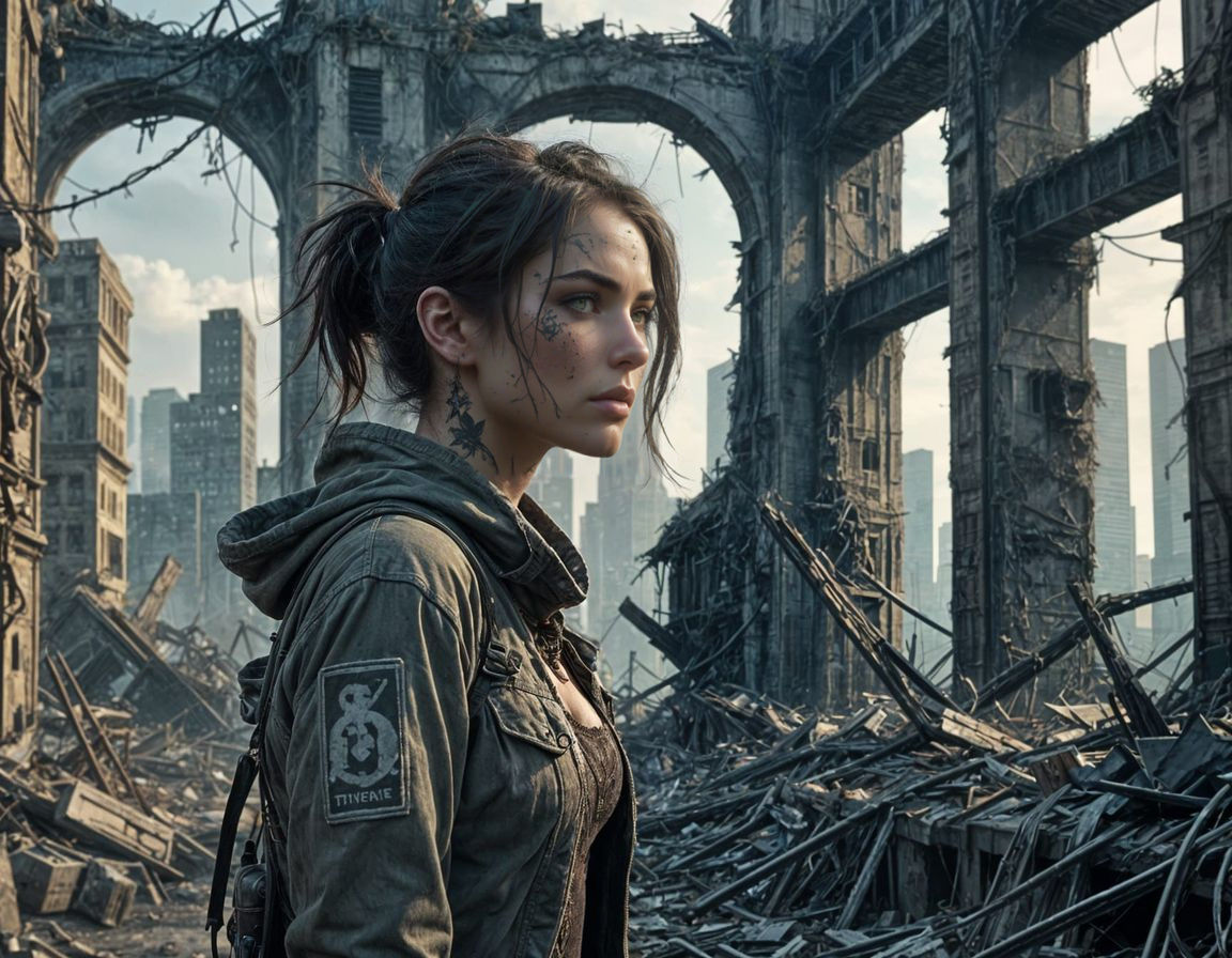 Post-Apocalyptic Wanderer in Ruined City