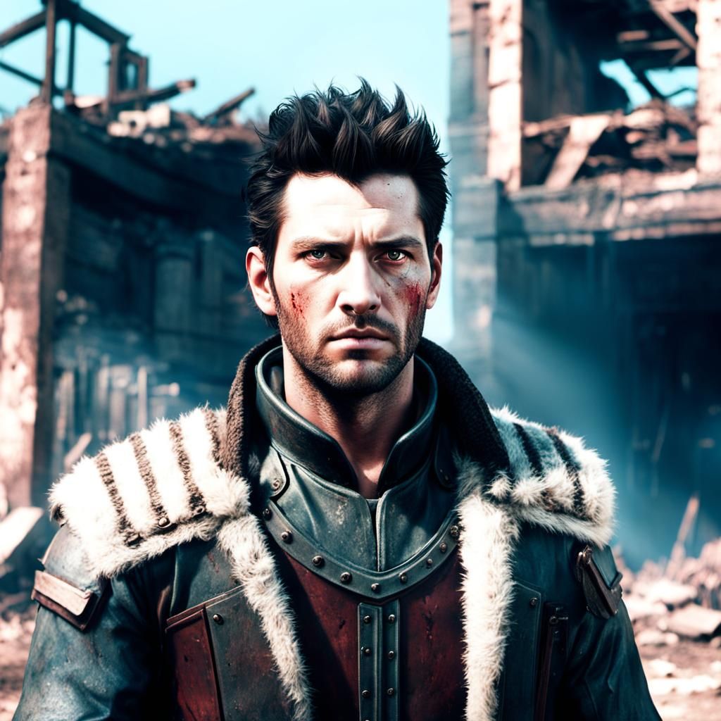 Gritty Paladin Kneels in Post-Apocalyptic Ruins