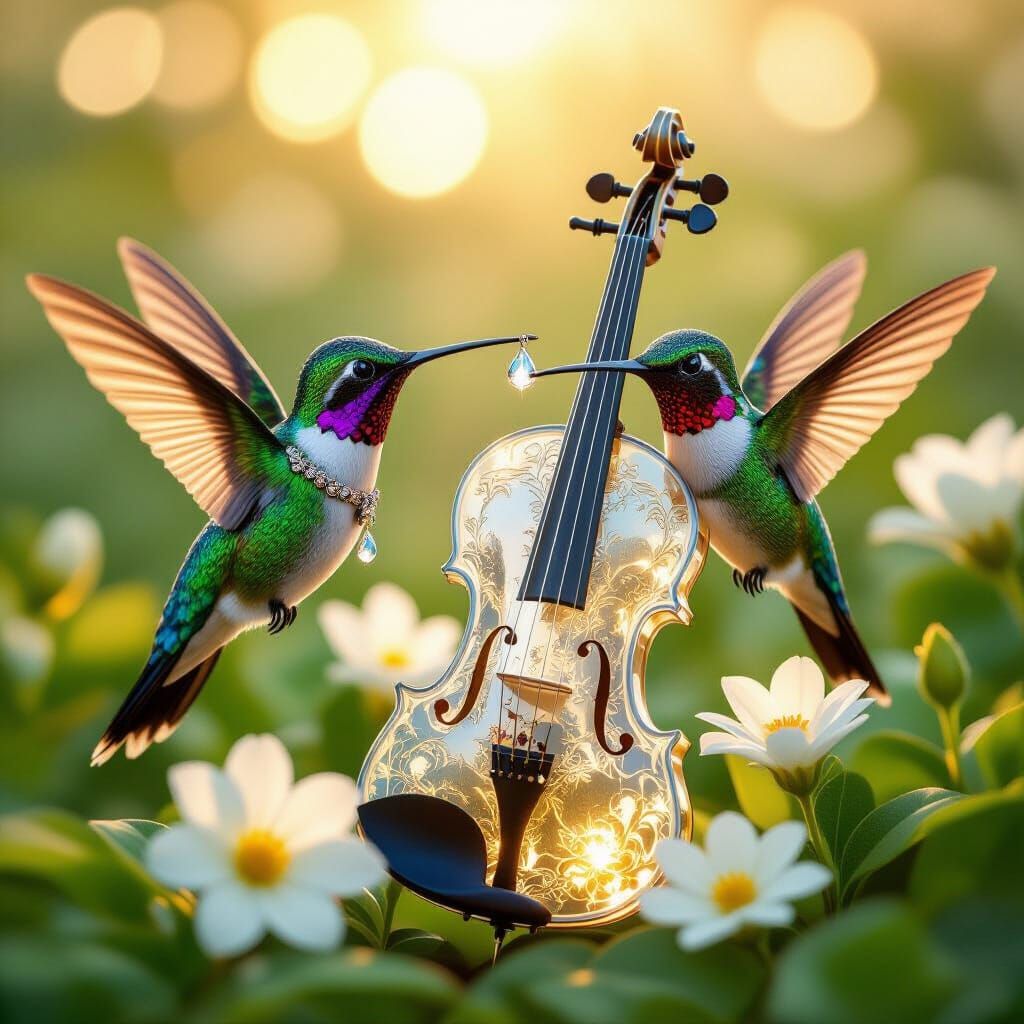 Hummingbirds with Glass Violin in Dreamy Fantasy Scene