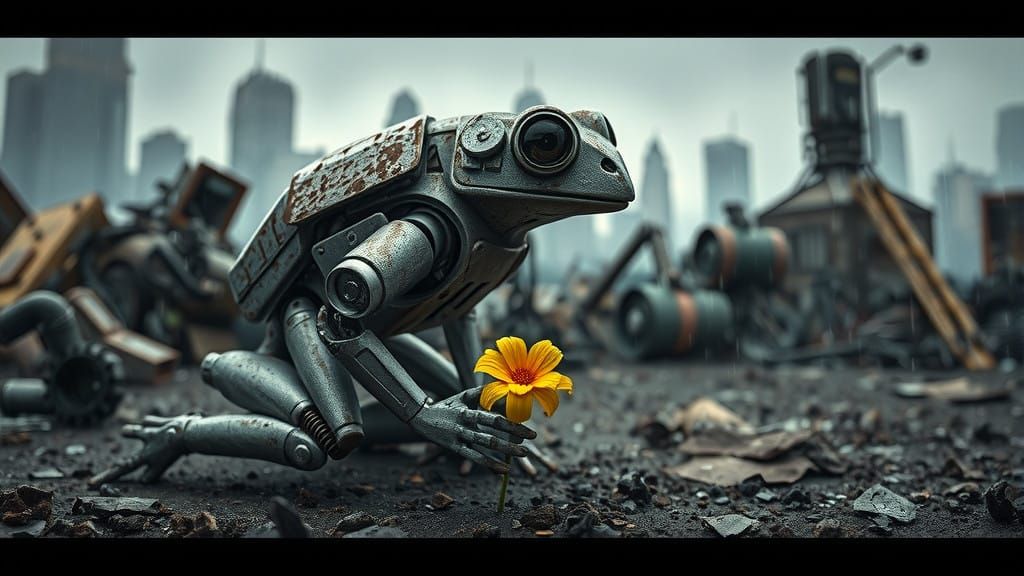 Weathered Robot Frog Contemplates a Blooming Flower in Ruins