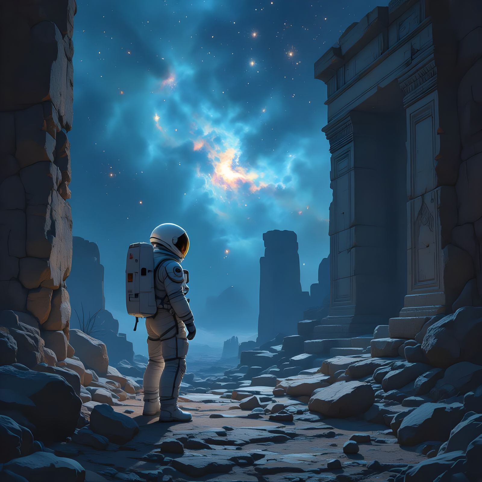 Astronaut Explores Ancient Ruins