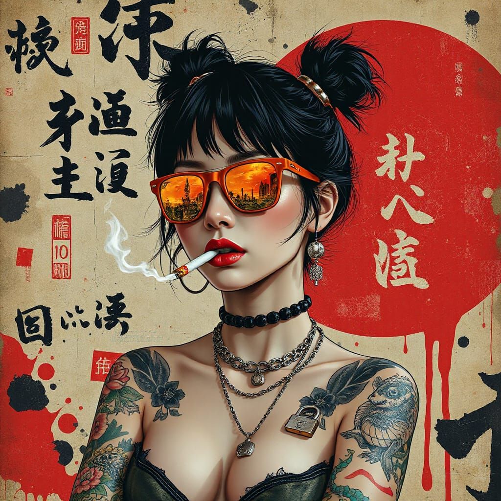 Cyberpunk Street Queen with Tattoos and Urban Backdrop