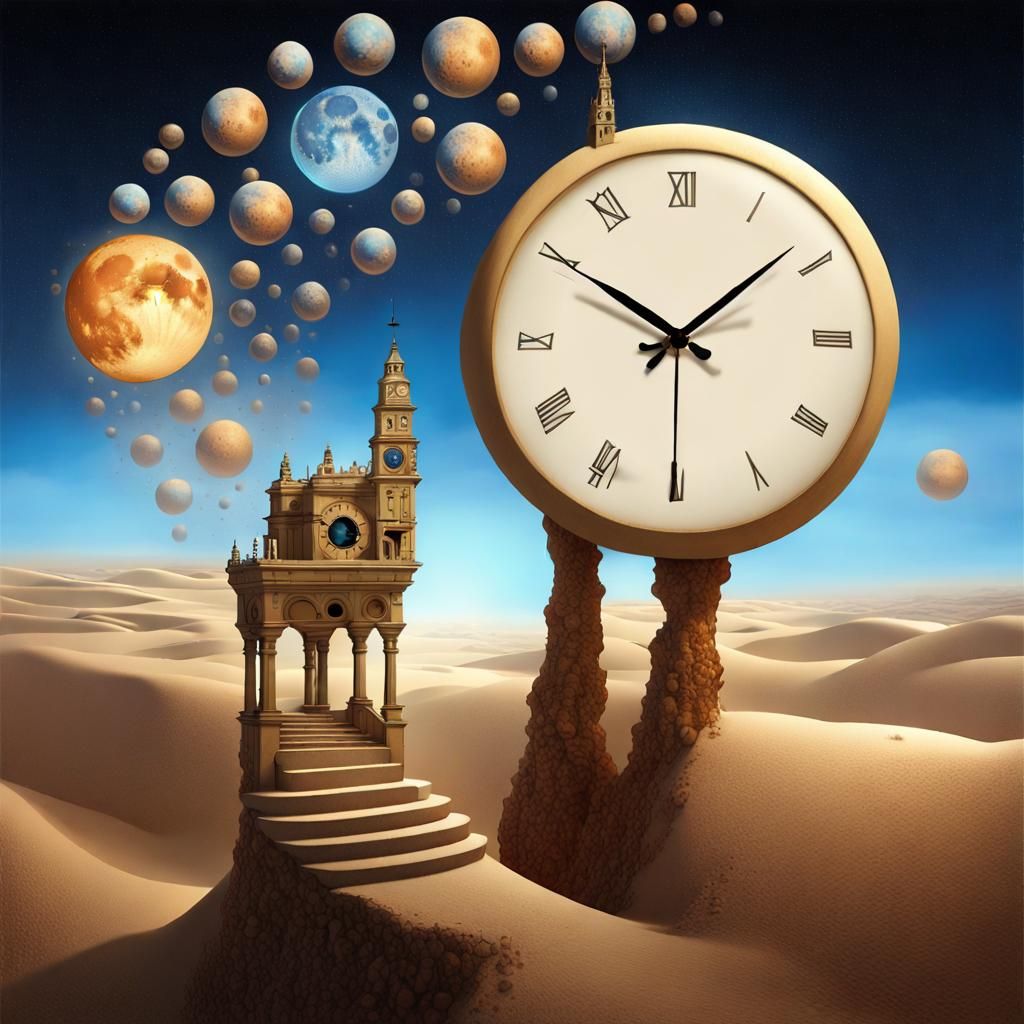 Surreal Clockface Sand Tower Portal to Cosmic Sky