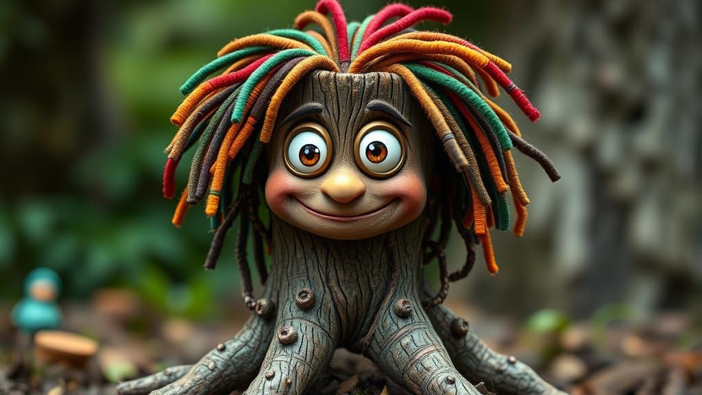 Whimsical Tree Stump with Playful Human Head and Vibrant Dre...