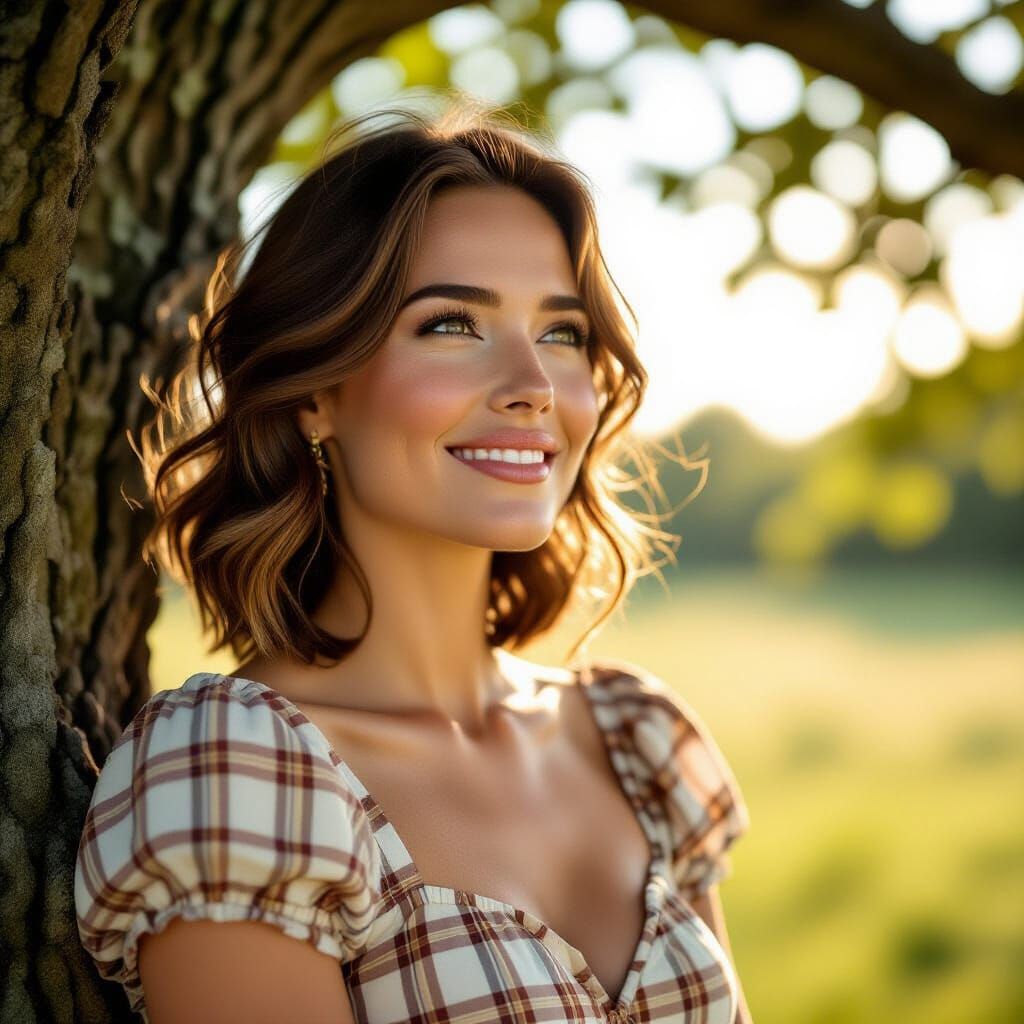Smiling Woman in Plaid Dress Under Oak Tree