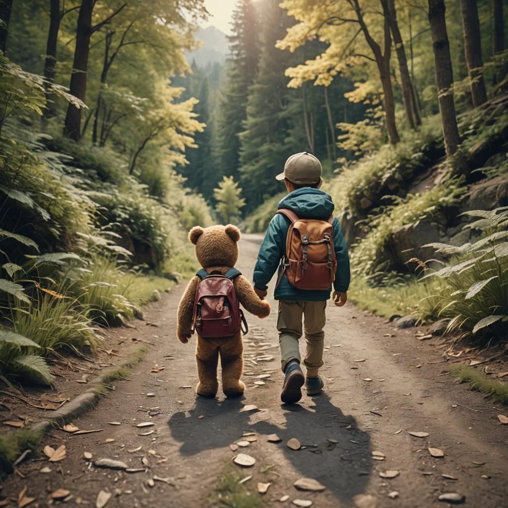 Vintage Teddy Bear and Child Hiking Adventure