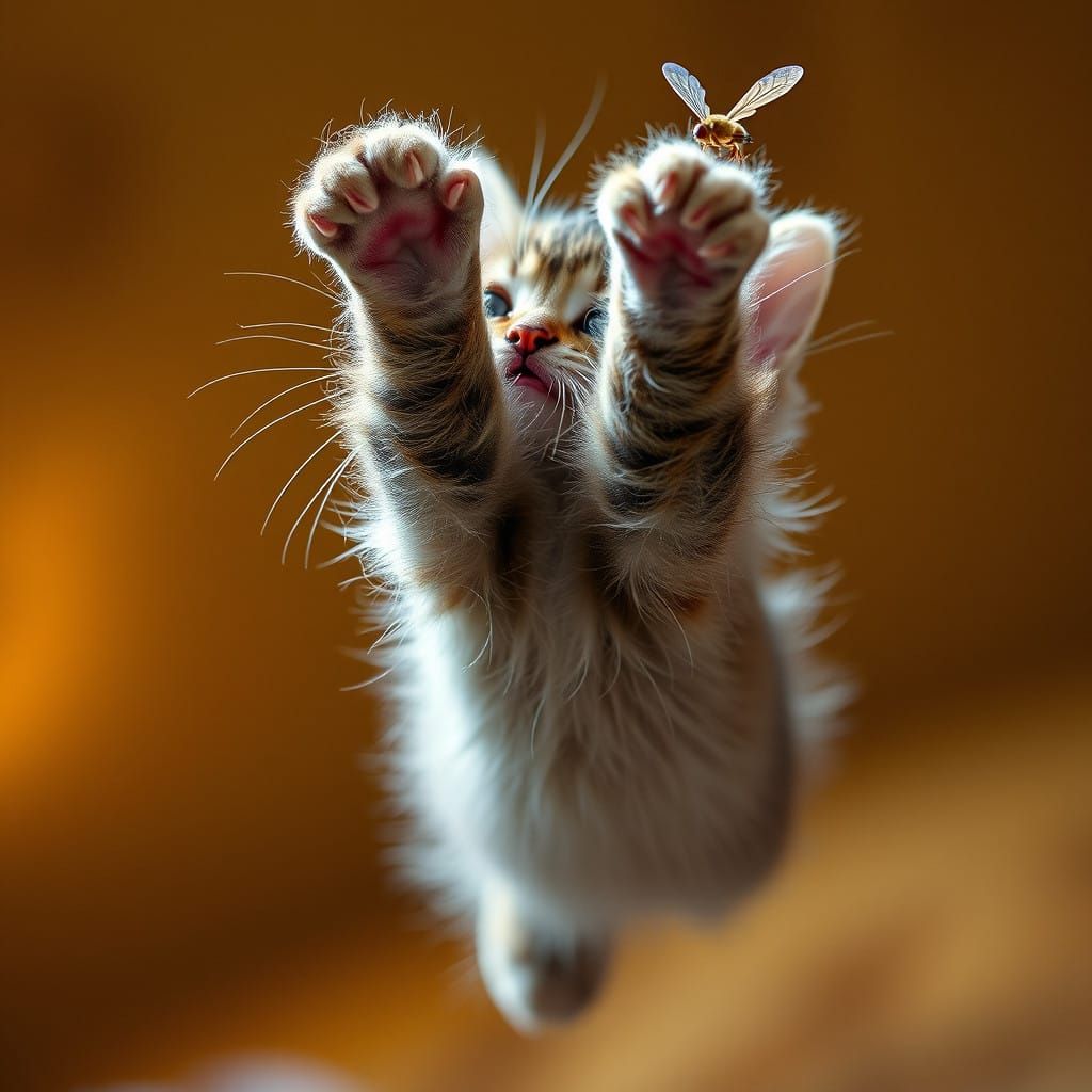Kitten Swats Fly in Dramatic Rear Angle