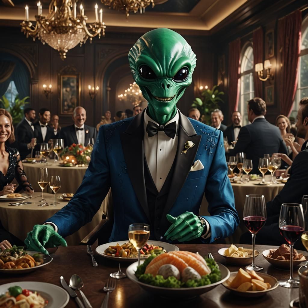 Alien in Tuxedo at Dinner Party: Matte Painting