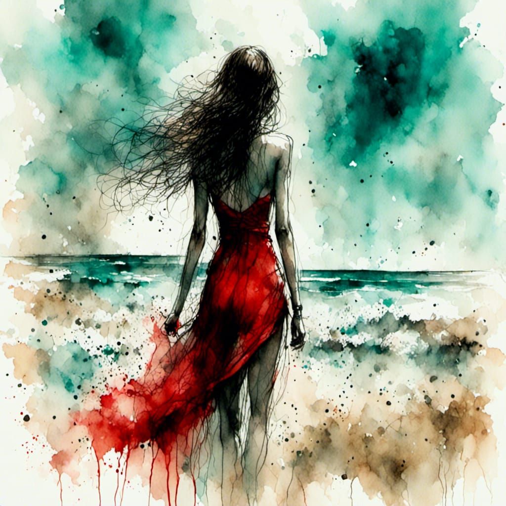 Woman in Red Bikini Walks on Beach, Impressionistic Style