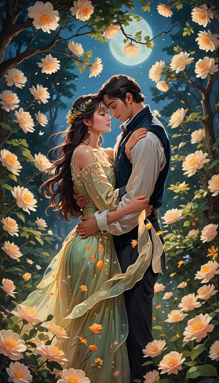 Romantic Moonlight Embrace in Lush Garden